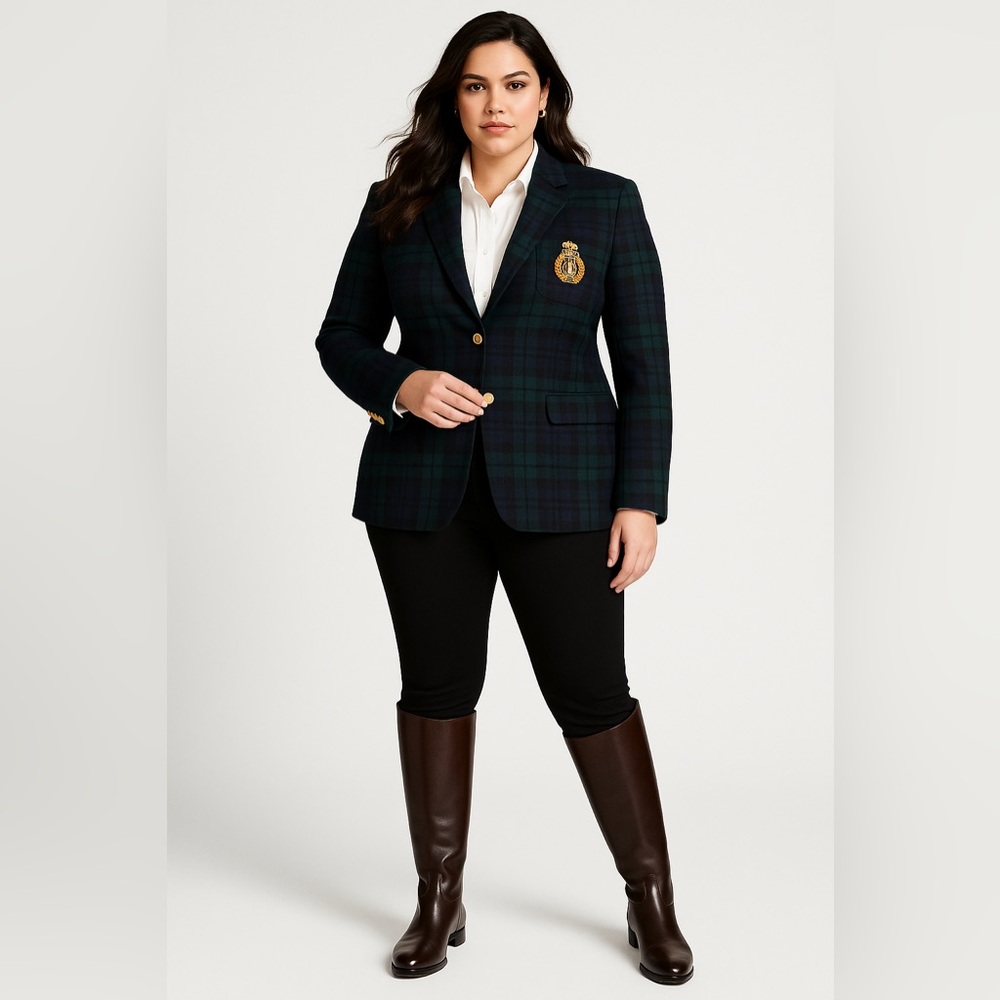 Lauren Ralph Lauren Blackwatch Plaid Wool Cashmere Blazer 18W Equestrian Jacket - Picture 2 of 15